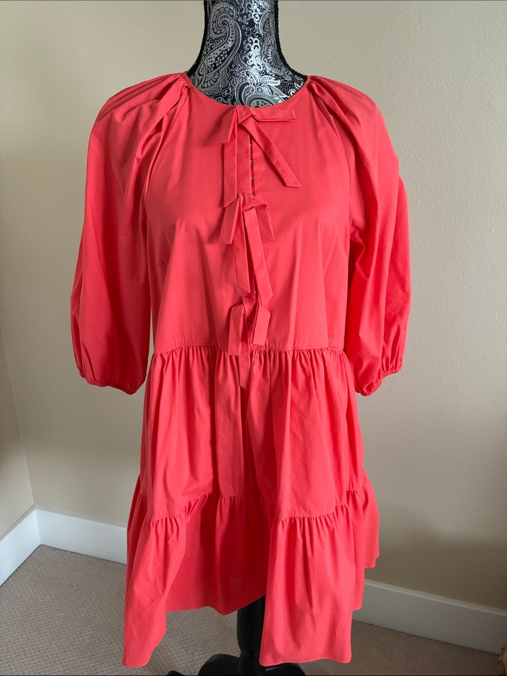 NWOT! cinq a sept Cotton, Coral Tie-Front Tiered Mini Dress size 8